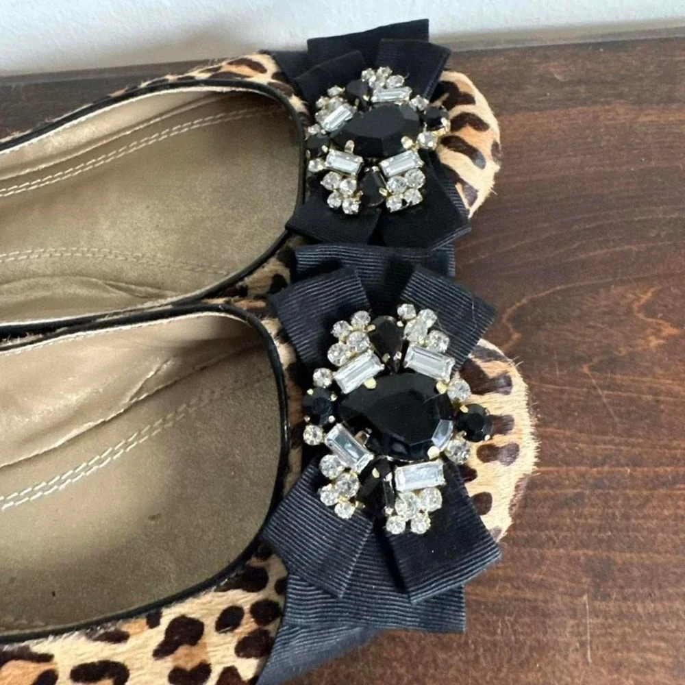 Leopard pony‎ hair ballet flat size 8.5 rhinestone bow brown black